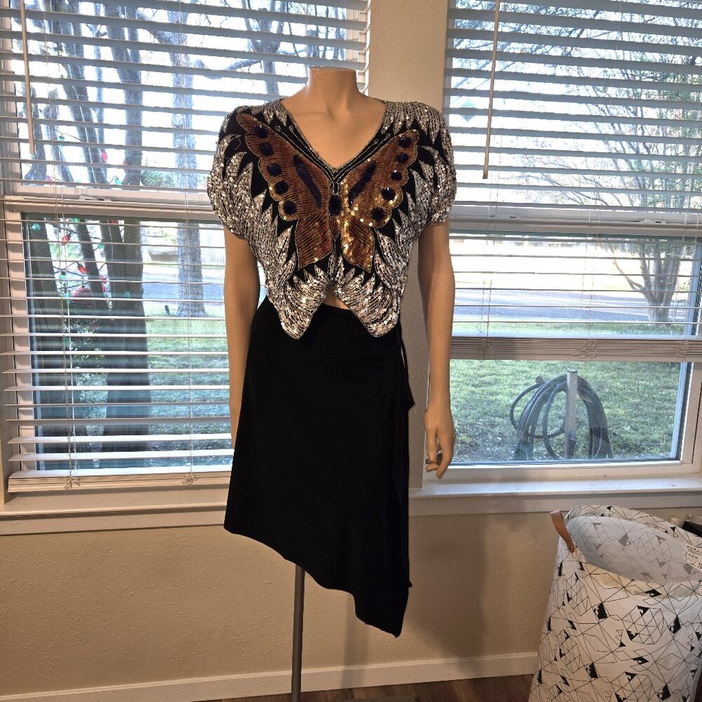 Vintage butterfly embroidered top blouse flapper 70's glam black blue gold S/M